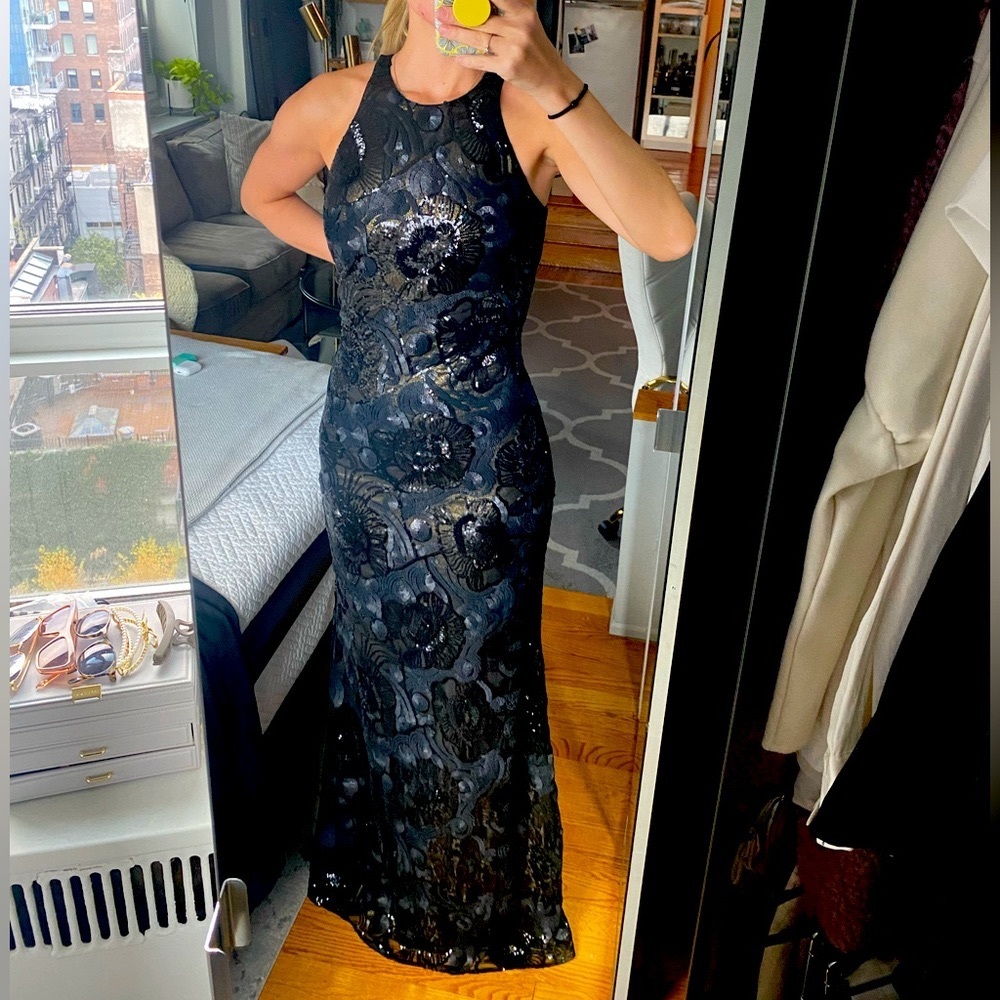 Badgley Mischka black sequin gown, size 6
